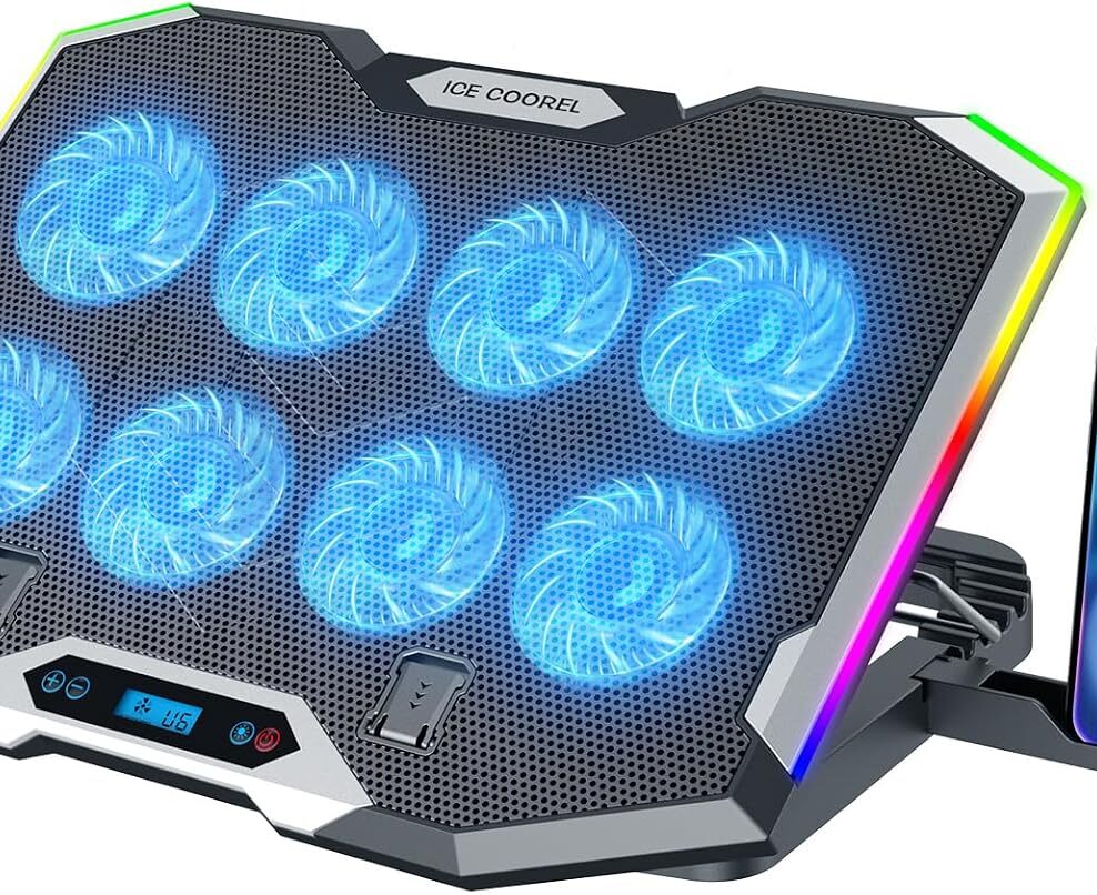 ICE COOREL Gaming Laptop Cooling Pad with 8 Cooling Fans, Laptop Fan Cooler Pad for 15-17.3 Inch, Notebook Cooler Stand with 6 Height Adjustable, RGB Cooling Pad with Two USB Port + Phone Stand